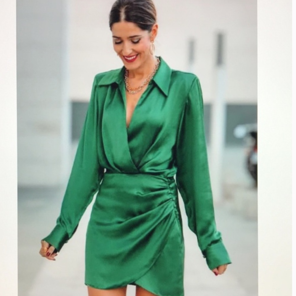 Zara Green Satin Wrap Dress XS